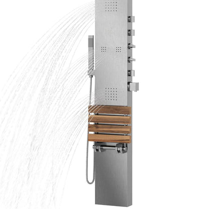 PULSE ShowerSpas Oahu 76" Multi Function Shower Panel in Brushed Stainless Steel Finish With Integrated Teak Wood Folding Seat, 4 Rejuvenating Body Jets and Hand Shower