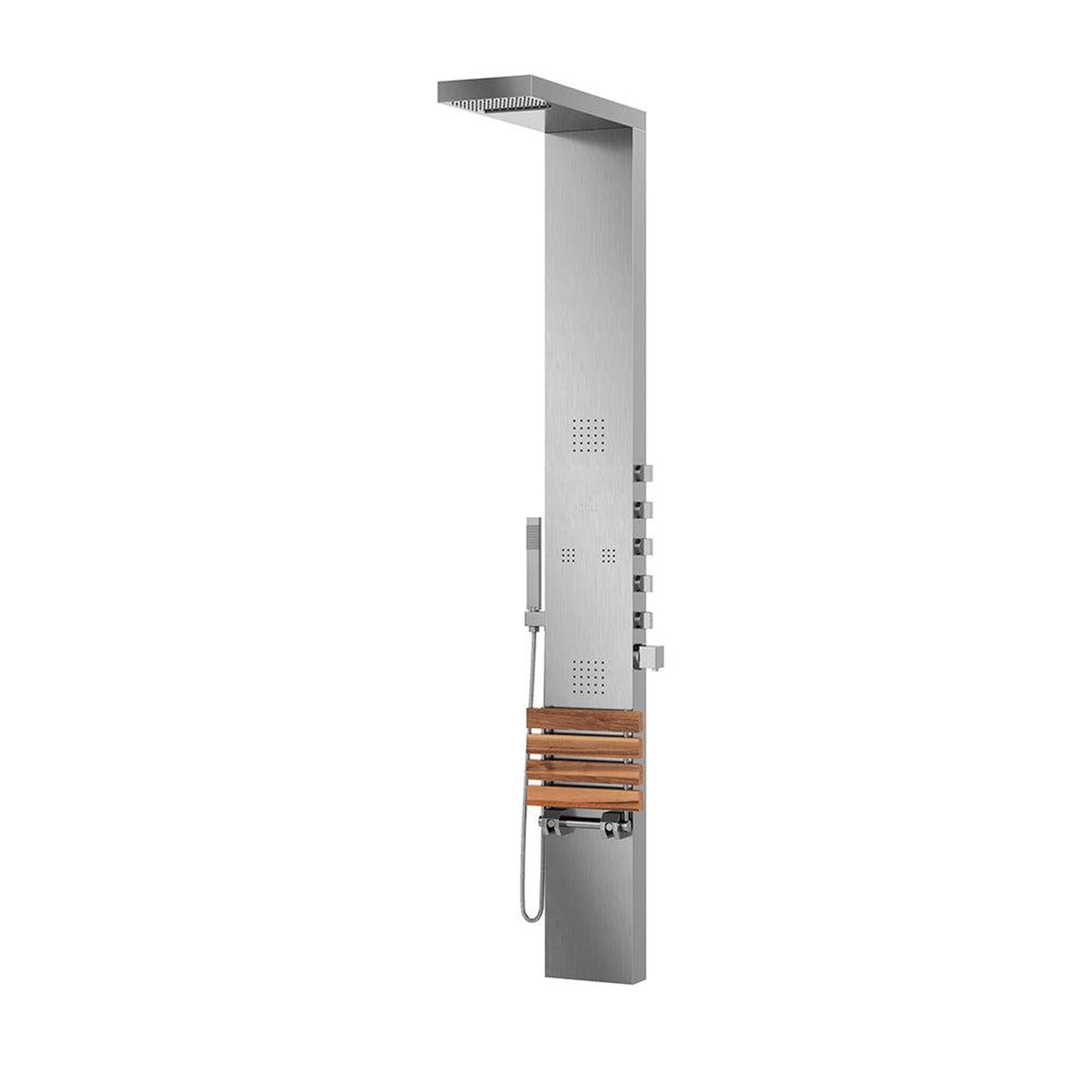 PULSE ShowerSpas Oahu 76" Multi Function Shower Panel in Brushed Stainless Steel Finish With Integrated Teak Wood Folding Seat, 4 Rejuvenating Body Jets and Hand Shower