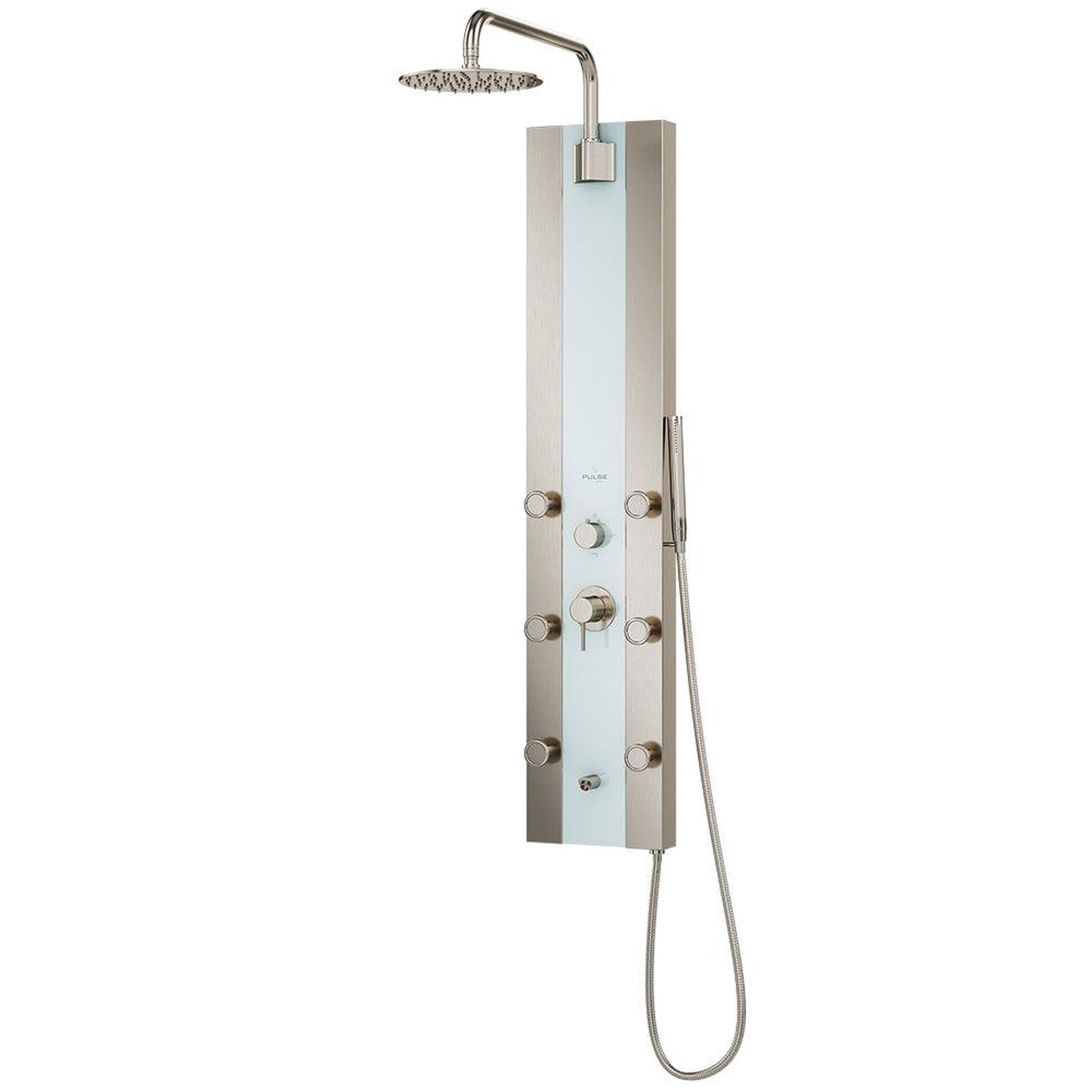 PULSE ShowerSpas Tropicana 2.5 GPM Rain Shower Panel in Brushed Nickel and Soft White Tempered Glass Finish 6-Single Function Body Jet and Hand Shower