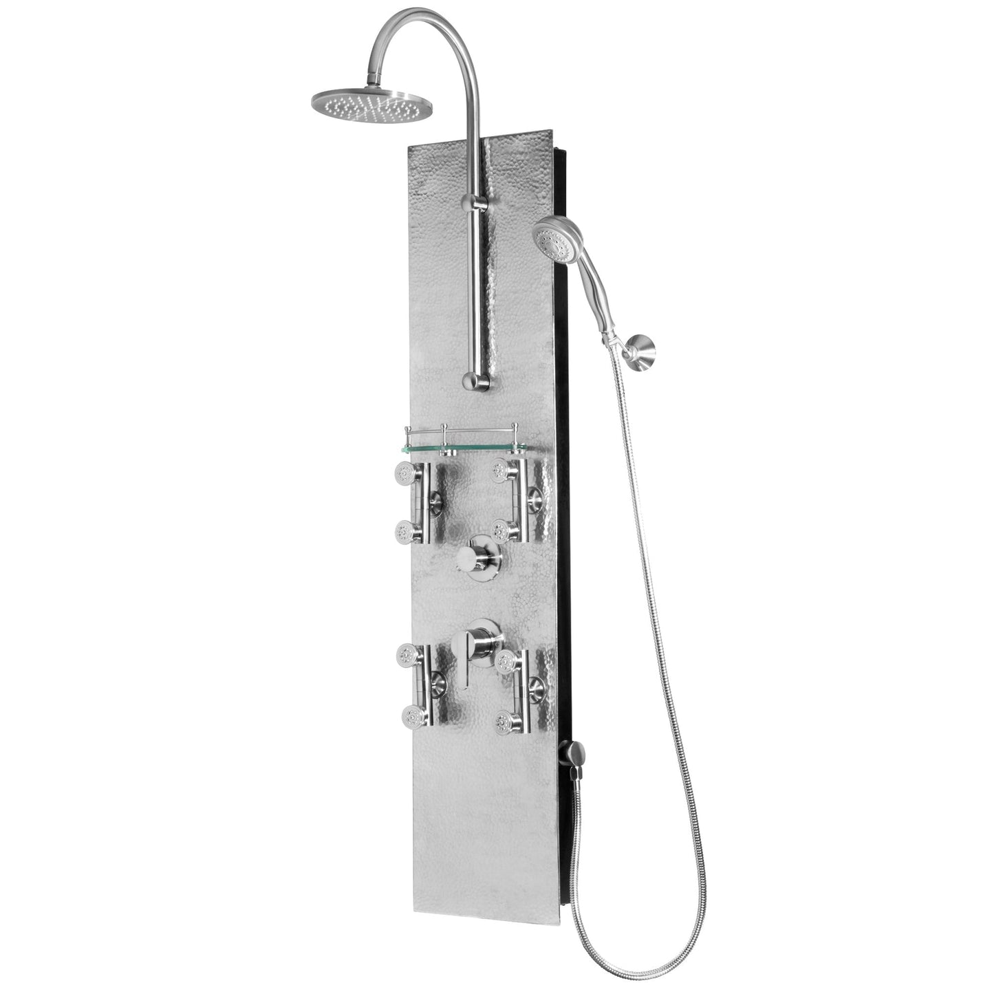 PULSE ShowerSpas Vaquero 2.5 GPM Rain Shower Panel in Hammered Brushed Nickel Finish With 4 Dual Head Body Jets and 5-Function Hand Shower