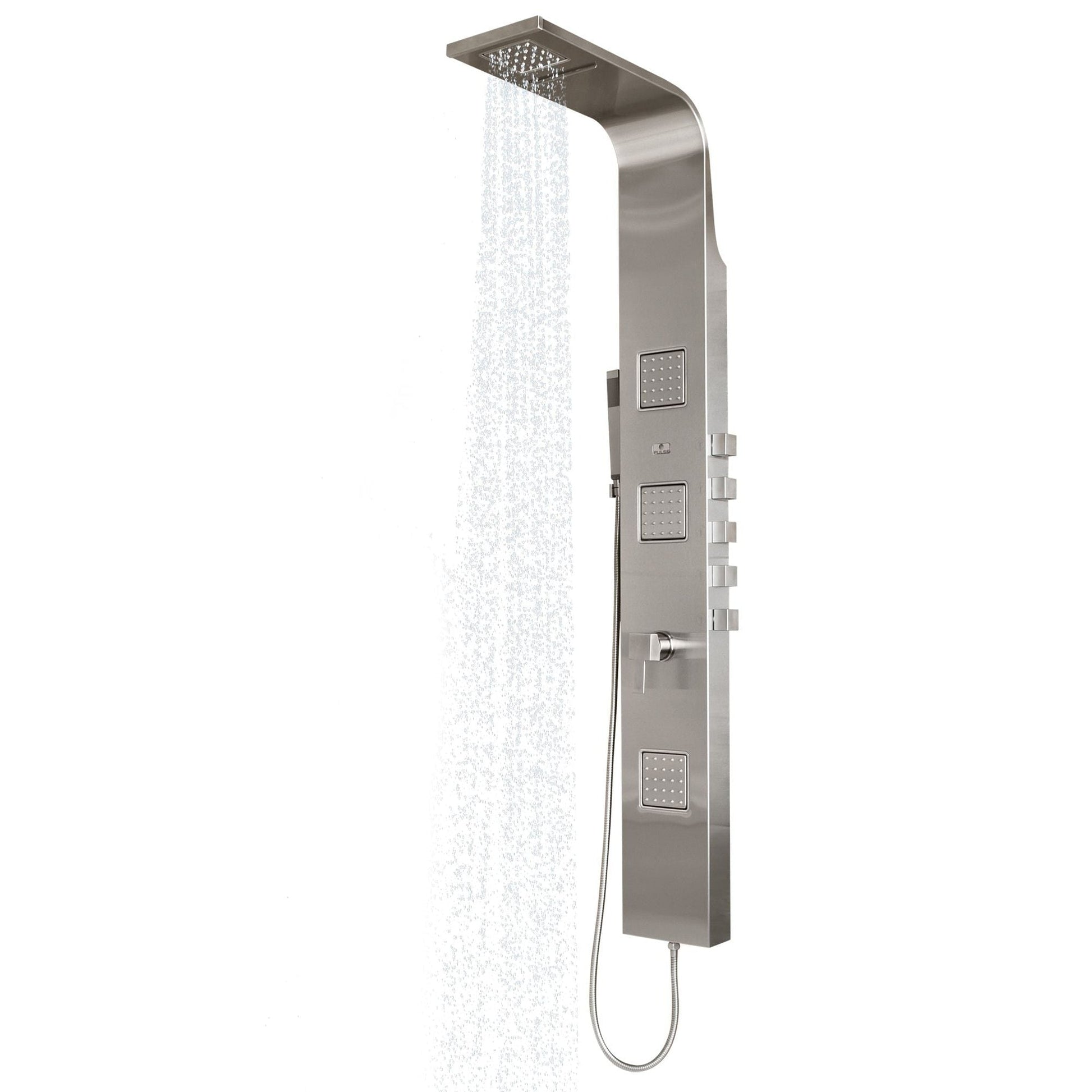 PULSE ShowerSpas Waimea 62" Rain And Waterfall Shower Panel 2.5 GPM in Matte Brushed Stainless Steel Finish With 3 Extra Large Body Jets and Single Function Hand Shower