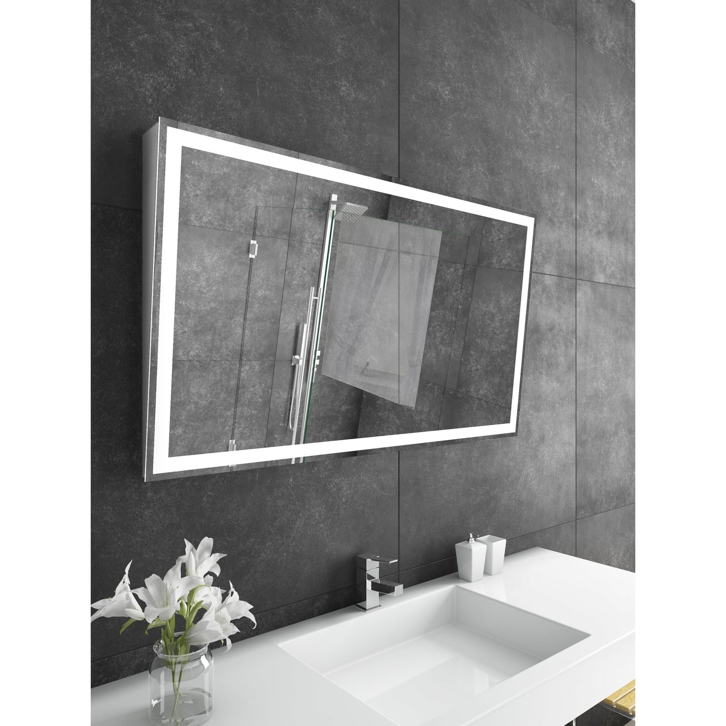 Paris Mirror Adira 48" x 28" Silver Front-Lit Lighted Super Bright Dimmable Wall-Mounted 3000K LED Mirror With Tilted Top Frame