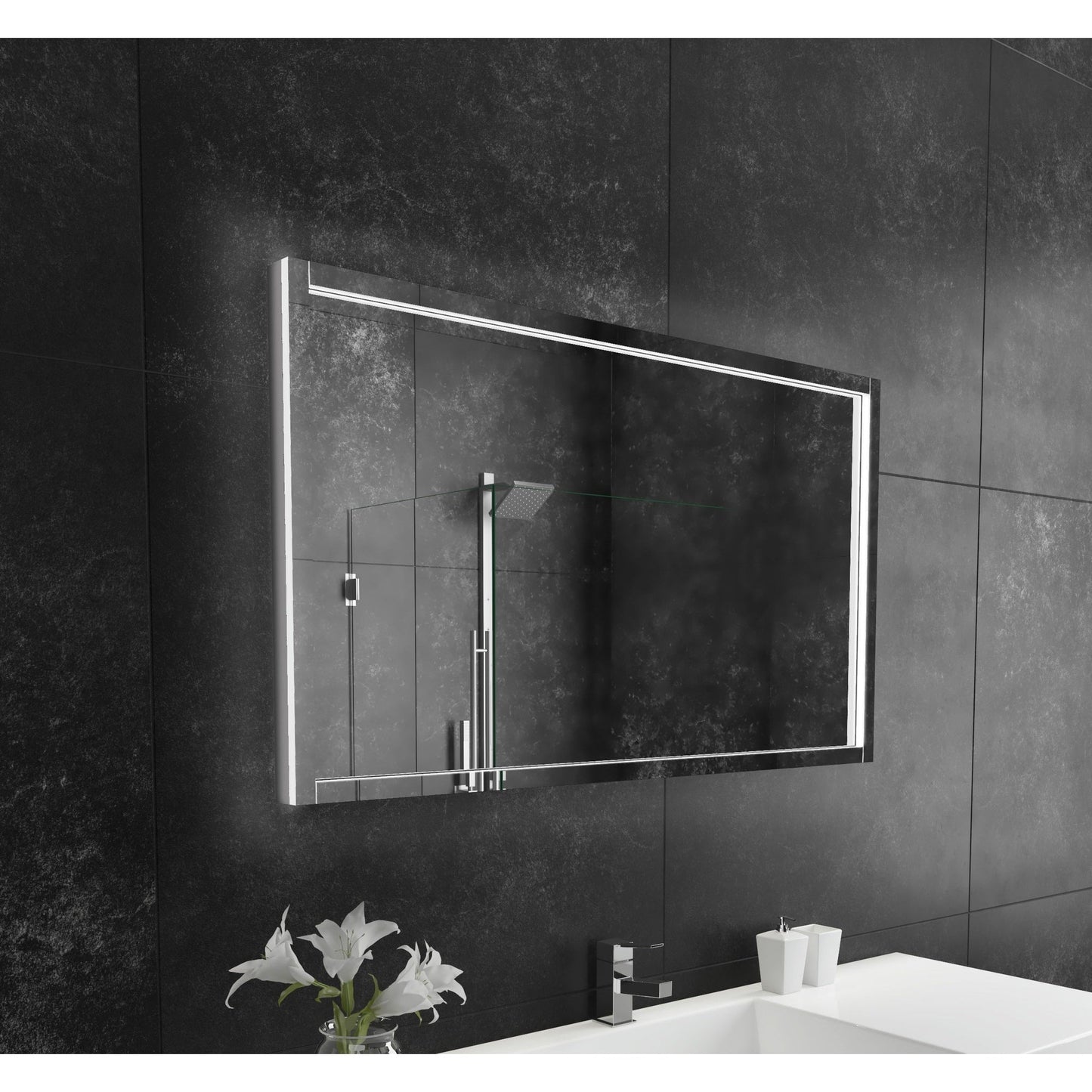 Paris Mirror Flore 48" x 28" Dual-Lighted Super Bright Dimmable Wall-Mounted 6000K LED Mirror With Embossed Glass 3D Design