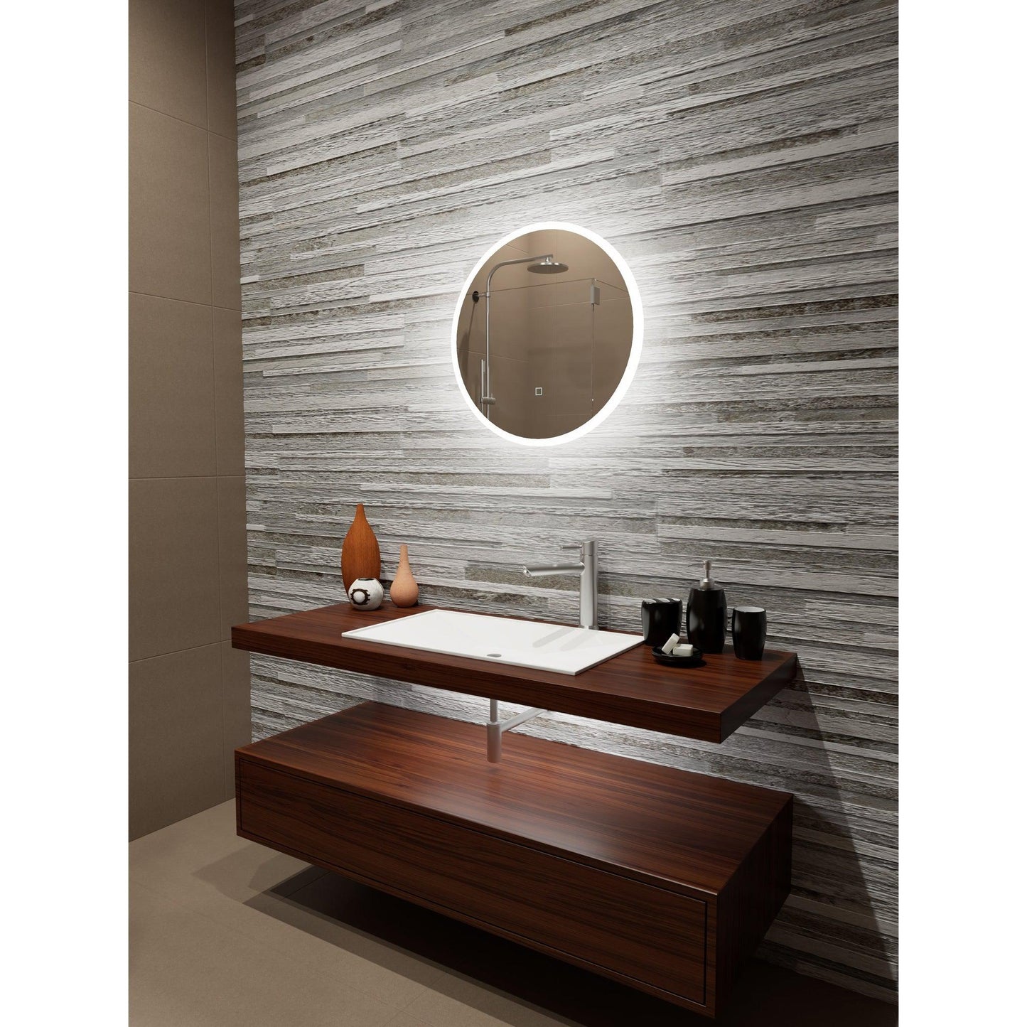 Paris Mirror Reflection 24" x 24" Round Backlit Lighted Super Bright Dimmable Wall-Mounted 6000K LED Mirror With Frosted Edged Lighted Frame and Integrated Defogger System