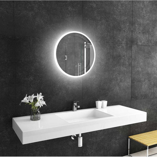 Paris Mirror Reflection 24" x 24" Round Backlit Lighted Super Bright Dimmable Wall-Mounted 6000K LED Mirror With Frosted Edged Lighted Frame and Integrated Defogger System