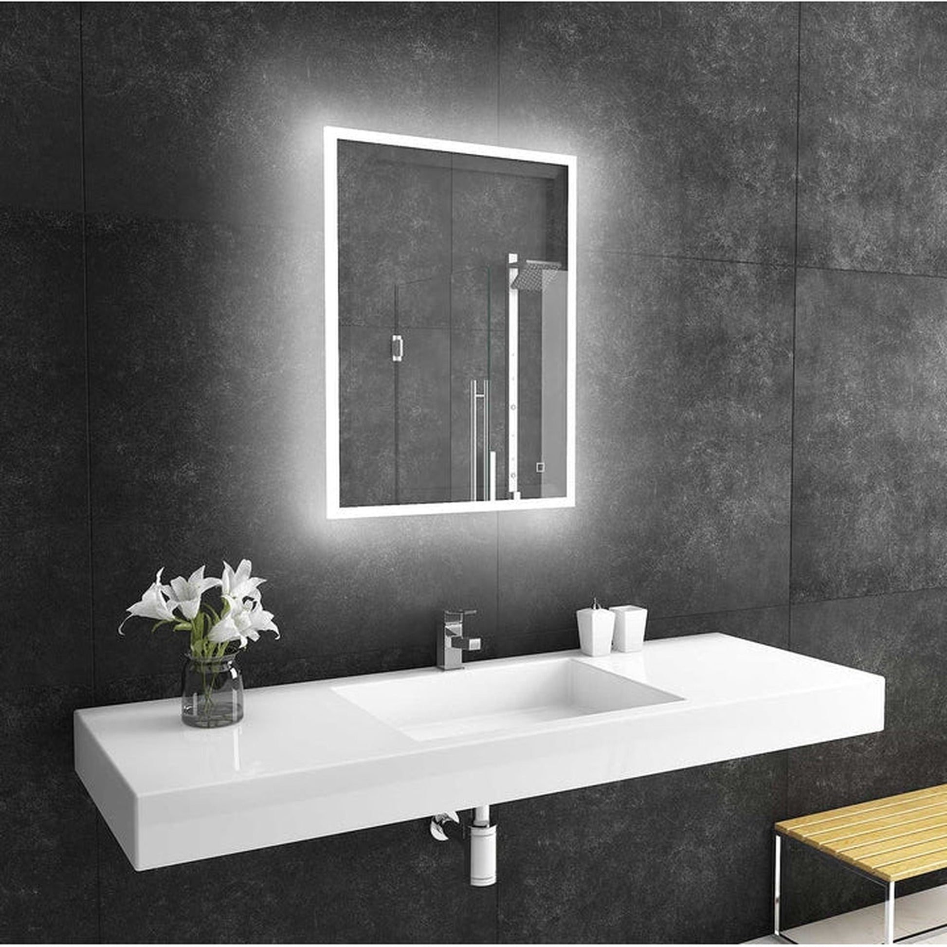 Paris Mirror Reflection 24" x 32" Rectangular Backlit Lighted Super Bright Dimmable Wall-Mounted 6000K LED Mirror With Frosted Edged Lighted Frame and Integrated Defogger System