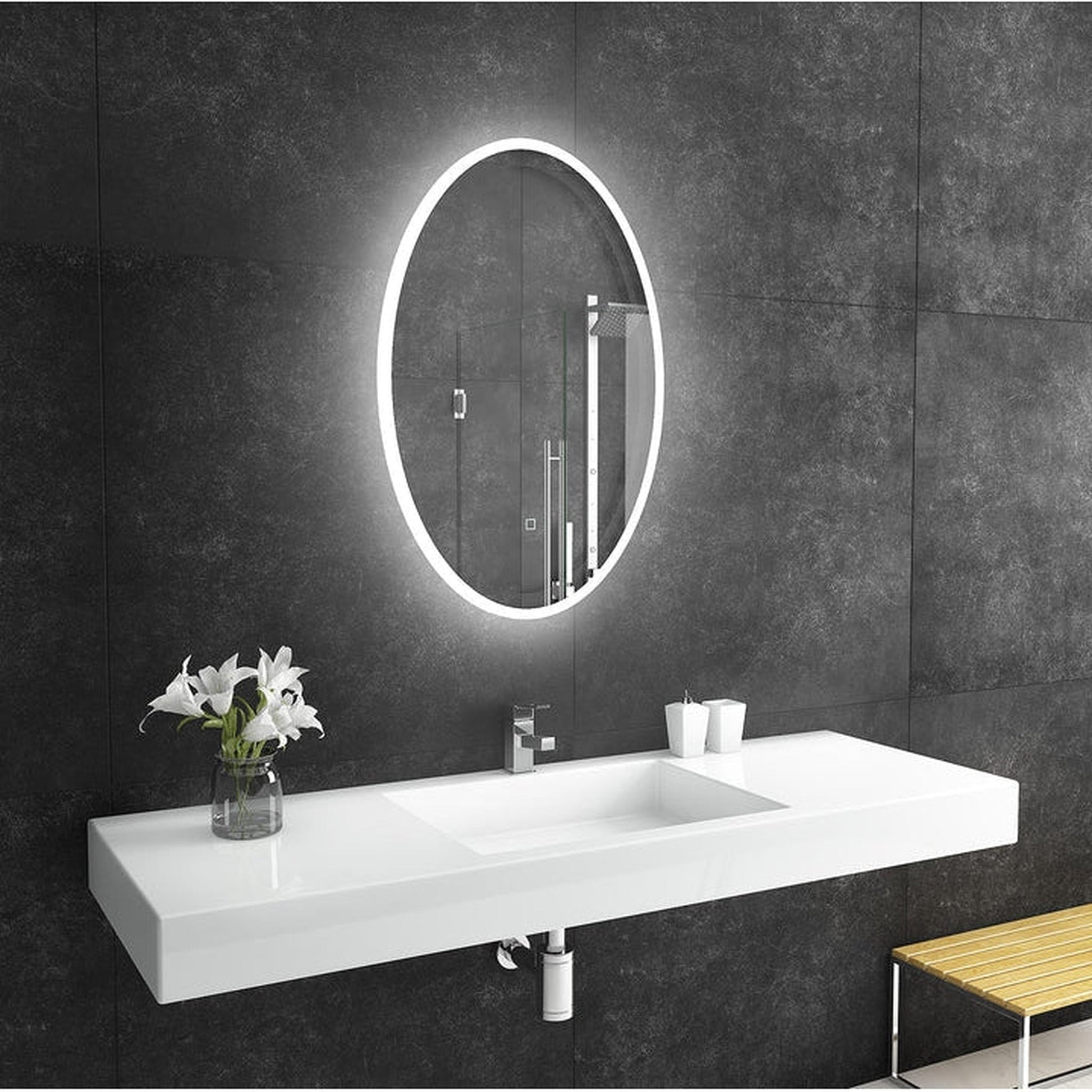 Paris Mirror Reflection 24" x 36" Oval Backlit Lighted Super Bright Dimmable Wall-Mounted 6000K LED Mirror With Frosted Edged Lighted Frame and Integrated Defogger System