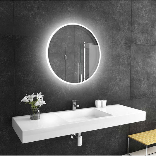 Paris Mirror Reflection 32" x 32" Round Backlit Lighted Super Bright Dimmable Wall-Mounted 6000K LED Mirror With Frosted Edged Lighted Frame and Integrated Defogger System
