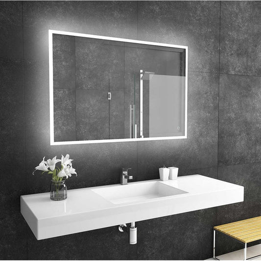 Paris Mirror Reflection 48" x 32" Rectangular Backlit Lighted Super Bright Dimmable Wall-Mounted 6000K LED Mirror With Frosted Edged Lighted Frame and Integrated Defogger System