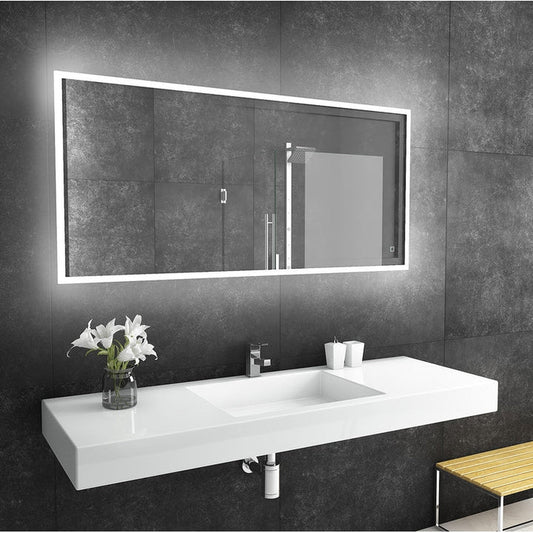 Paris Mirror Reflection 60" x 28" Rectangular Backlit Lighted Super Bright Dimmable Wall-Mounted 6000K LED Mirror With Frosted Edged Lighted Frame and Integrated Defogger System