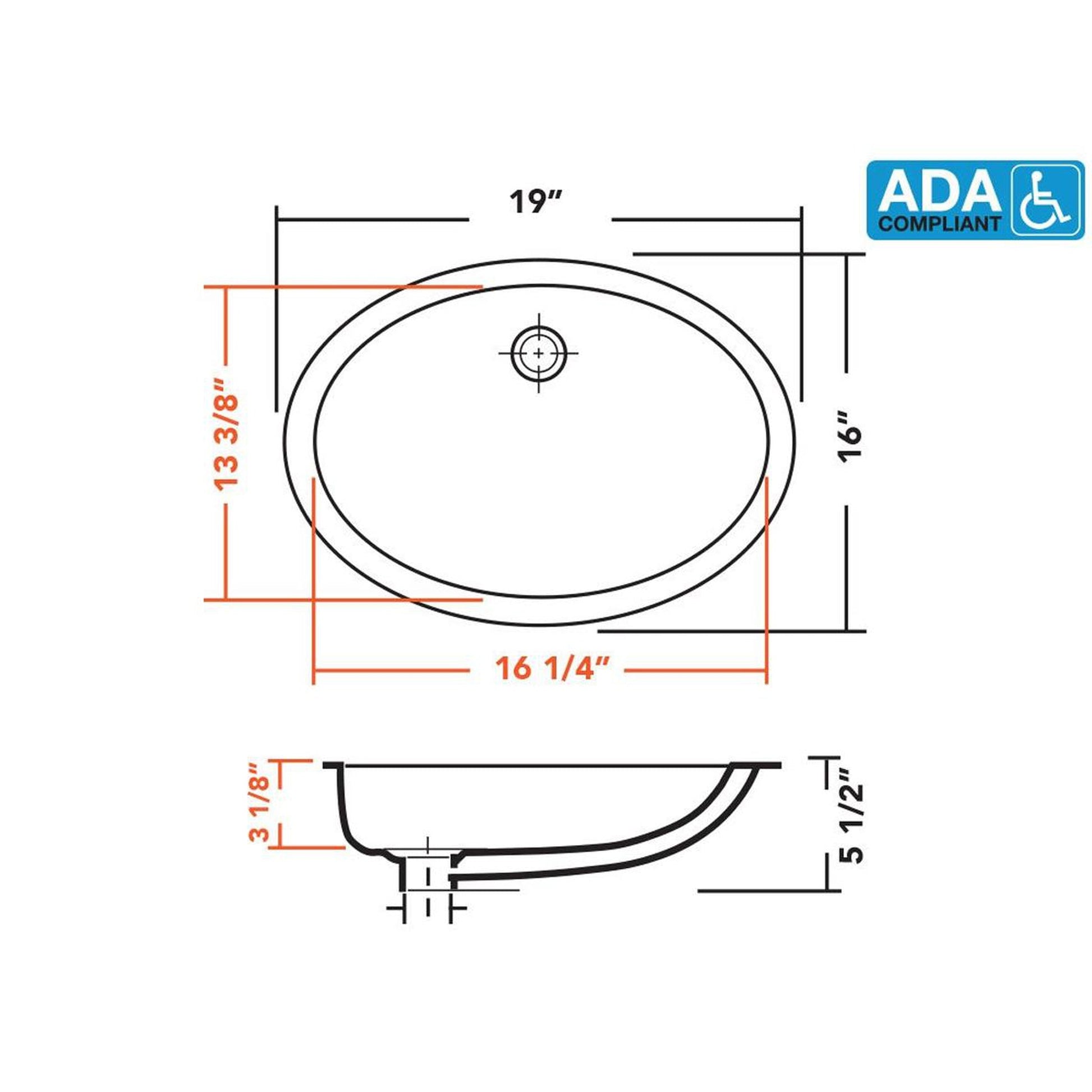 Pelican Int'l Pearl Series PL-3608 16" x 13" ADA Compliant White Porcelain Undermount Bathroom Sink