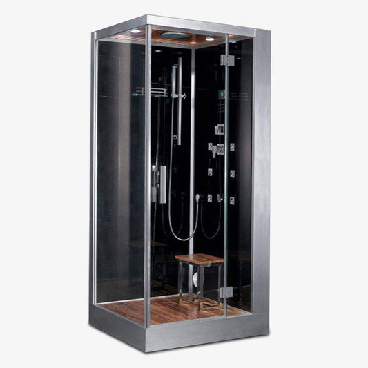 Platinum 39" x 35" x 89" One-Person Black Framed Rectangle Walk-In Steam Shower With Right Handed Control Panel Configuration Hinged Door 6 Massage Jets & LED Chromatherapy Lighting