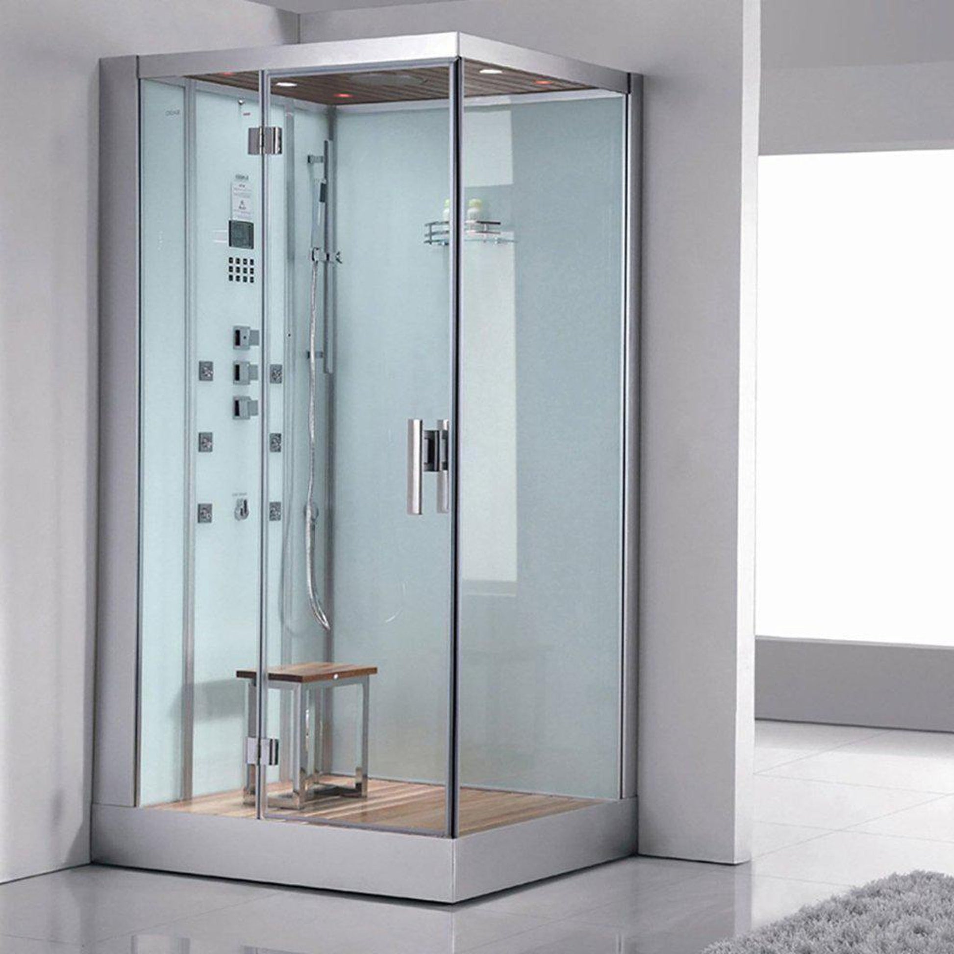 Platinum 47" x 35" x 89" Two-Person White Framed Rectangle Walk-In Steam Shower With Left Handed Control Panel Configuration Hinged Door 6 Massage Jets & LED Chromatherapy Lighting