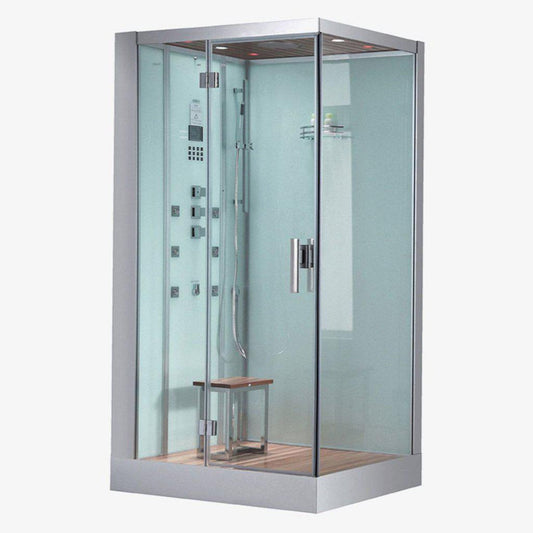 Platinum 47" x 35" x 89" Two-Person White Framed Rectangle Walk-In Steam Shower With Left Handed Control Panel Configuration Hinged Door 6 Massage Jets & LED Chromatherapy Lighting