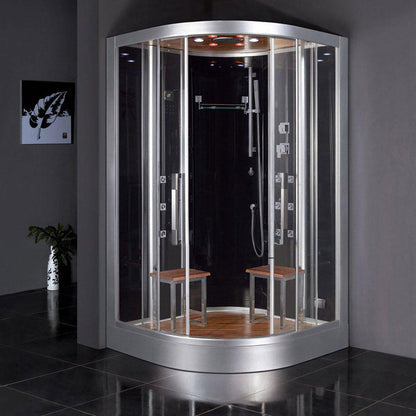 Platinum 47" x 47" x 89" Two-Person Black Framed Round Walk-In Steam Shower With Dual Sliding Doors 12 Massage Jets & LED Chromatherapy Lighting