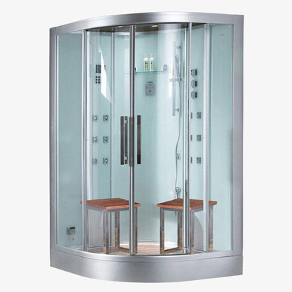 Platinum 47" x 47" x 89" Two-Person White Framed Round Walk-In Steam Shower With Dual Sliding Doors 12 Massage Jets & LED Chromatherapy Lighting