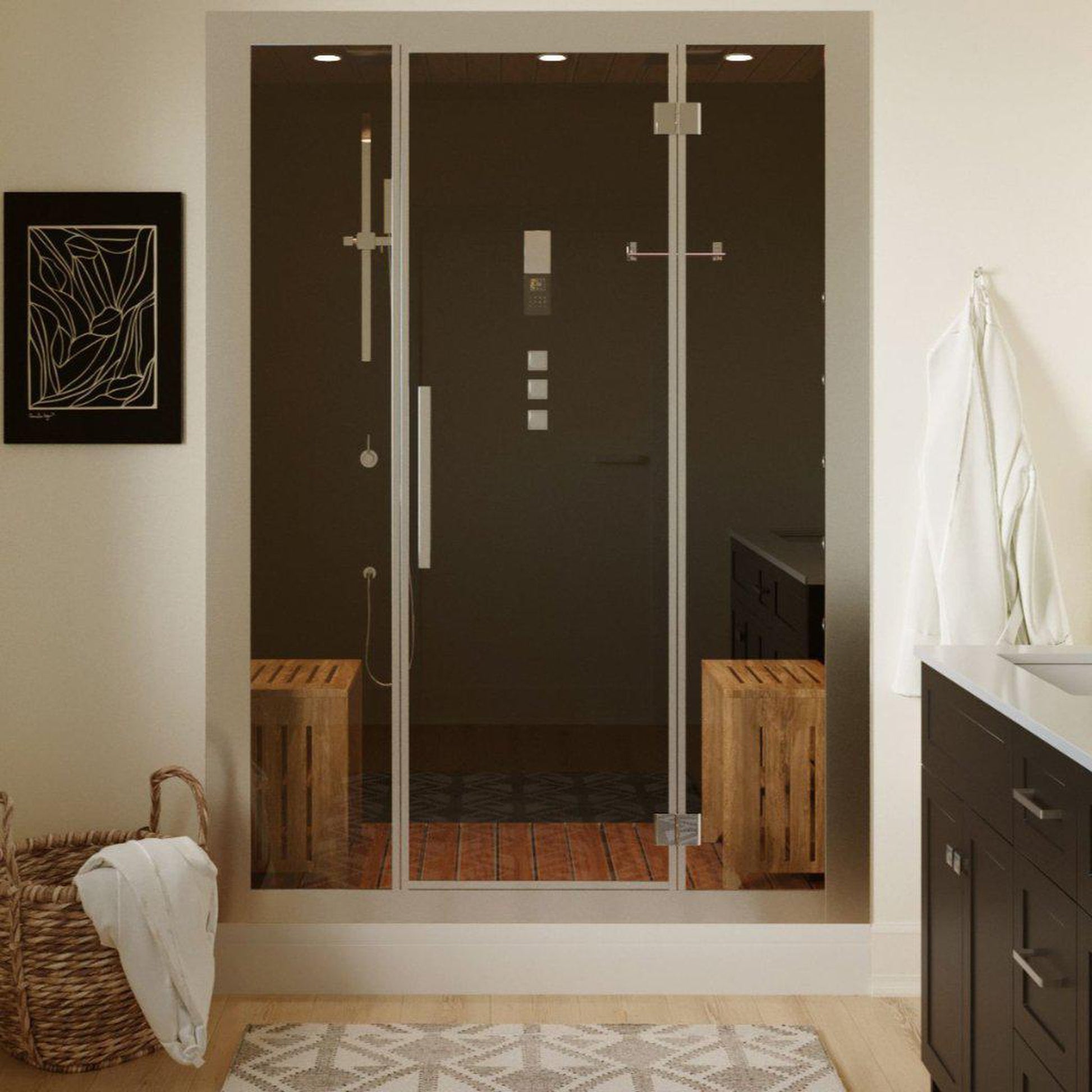 Platinum 59" x 32" x 87" Two-Person Black Framed Rectangle Walk-In Steam Shower With Hinged Door, 20 Massage Jets & LED Chromatherapy Lighting