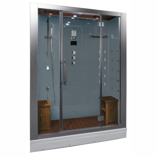 Platinum 59" x 32" x 87" Two-Person White Framed Rectangle Walk-In Steam Shower With Hinged Door 20 Massage Jets & LED Chromatherapy Lighting