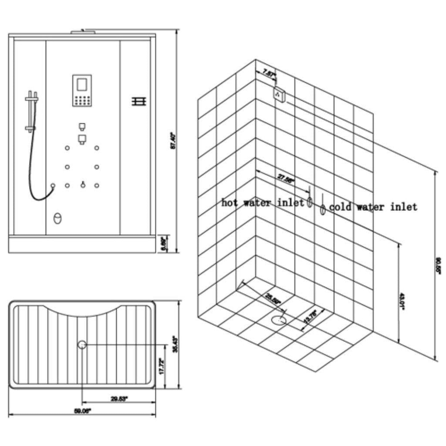 Platinum 59" x 35" x 87" Two-Person Brown Framed Rectangle Walk-In Steam Shower With Hinged Door 6 Massage Jets & LED Chromatherapy Lighting