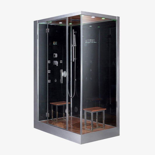Platinum 59" x 35" x 89" Two-Person Black Framed Rectangle Walk-In Steam Shower With Left Handed Control Panel Configuration Hinged Door 6 Massage Jets & LED Chromatherapy Lighting