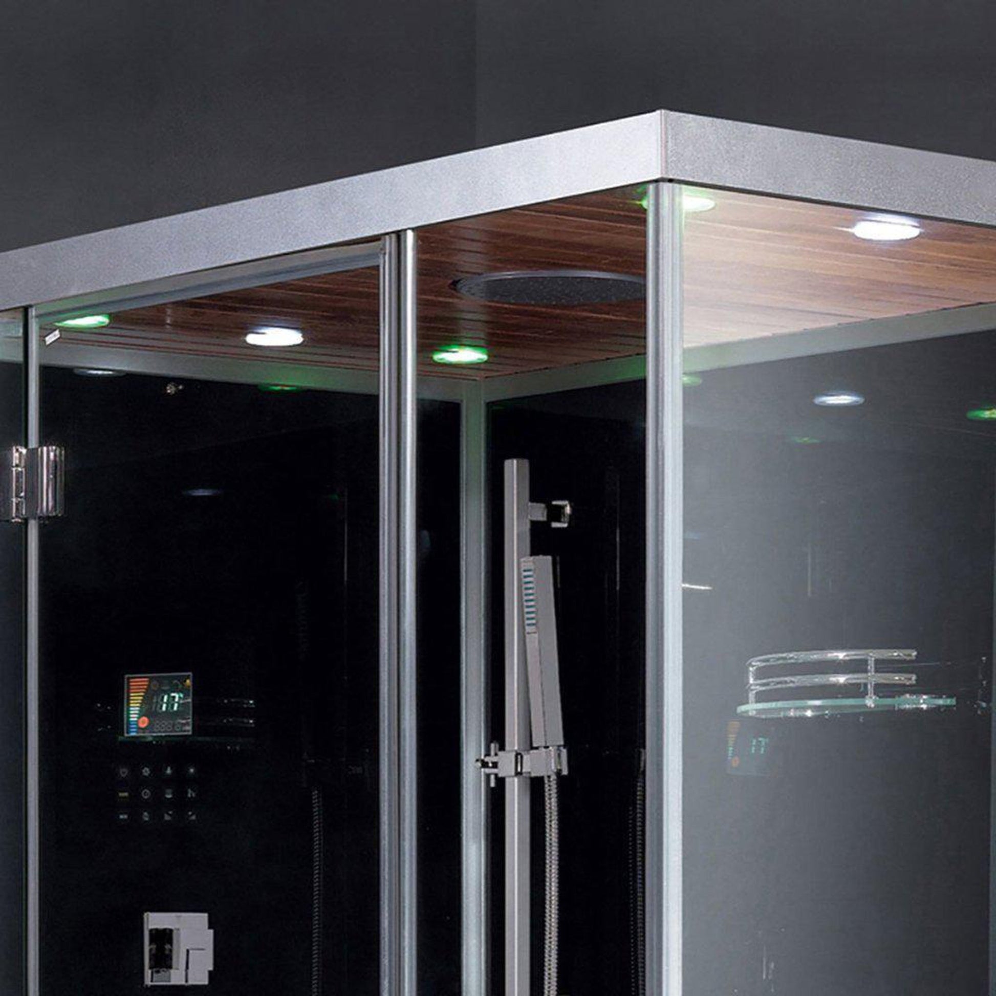 Platinum 59" x 35" x 89" Two-Person Black Framed Rectangle Walk-In Steam Shower With Right Handed Control Panel Configuration Hinged Door 6 Massage Jets & LED Chromatherapy Lighting