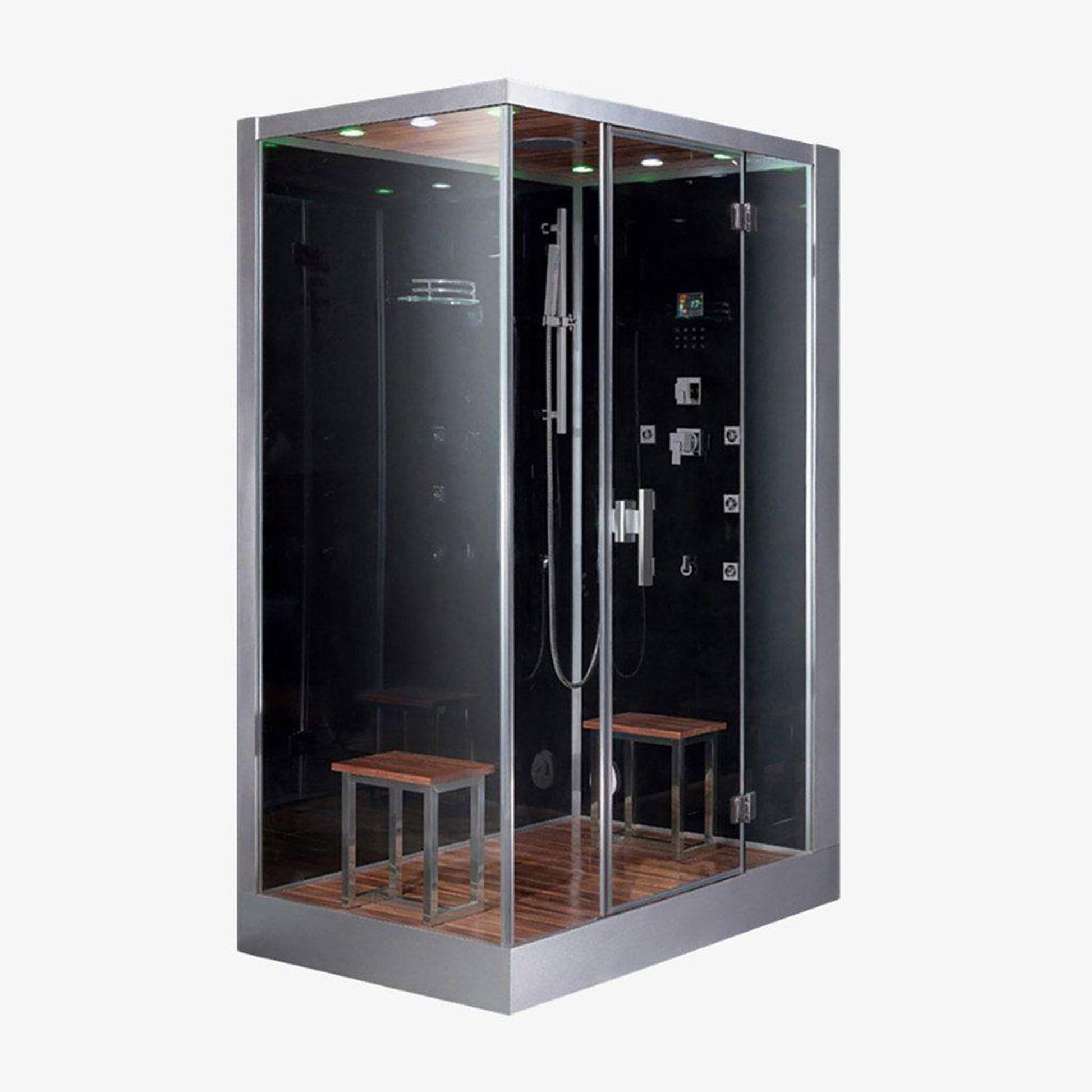 Platinum 59" x 35" x 89" Two-Person Black Framed Rectangle Walk-In Steam Shower With Right Handed Control Panel Configuration Hinged Door 6 Massage Jets & LED Chromatherapy Lighting