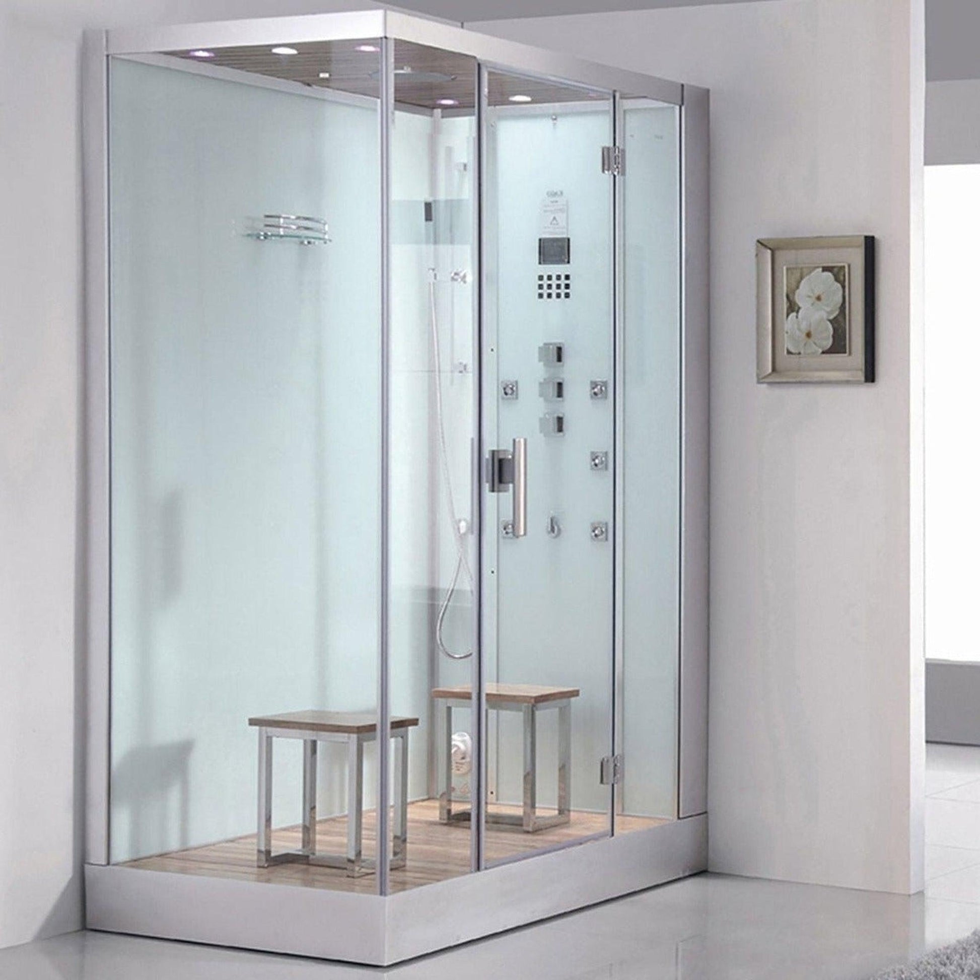 Platinum 59" x 35" x 89" Two-Person White Framed Rectangle Walk-In Steam Shower With Right Handed Control Panel Configuration Hinged Door 6 Massage Jets & LED Chromatherapy Lighting