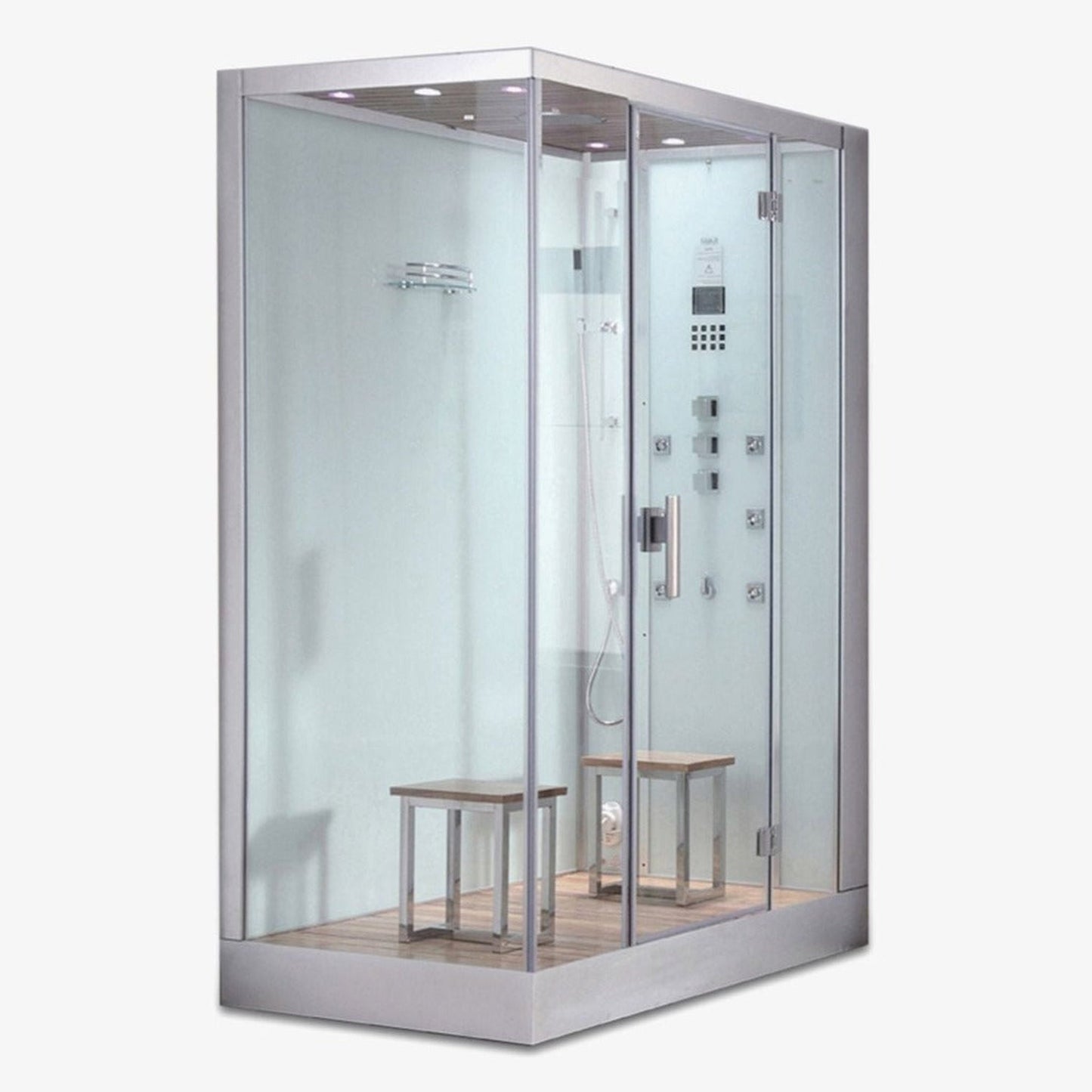 Platinum 59" x 35" x 89" Two-Person White Framed Rectangle Walk-In Steam Shower With Right Handed Control Panel Configuration Hinged Door 6 Massage Jets & LED Chromatherapy Lighting