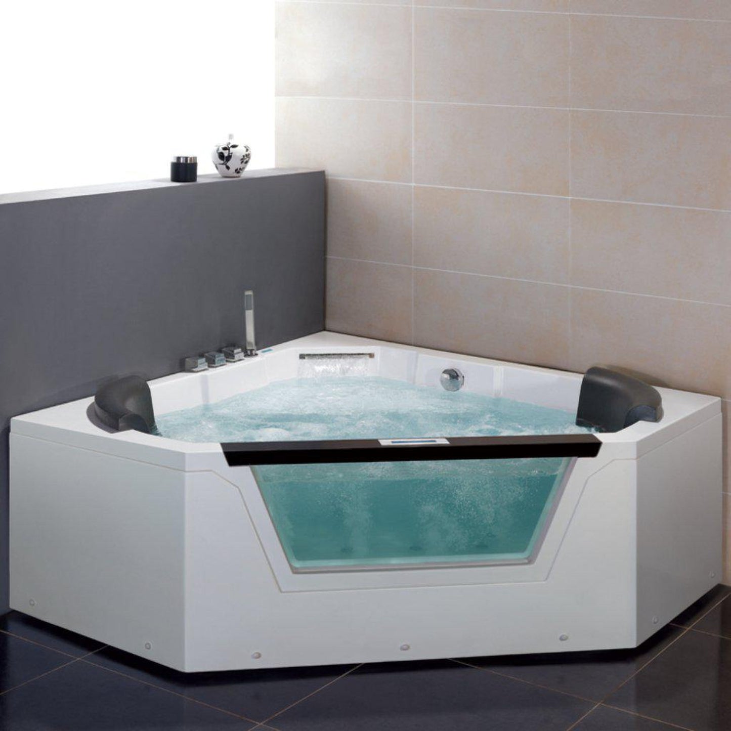 Platinum 59" x 59" x 24" Two-Person Corner Whirlpool Bathtub With Waterfall Spout 22 Hydro Massage Jets & Handheld Shower