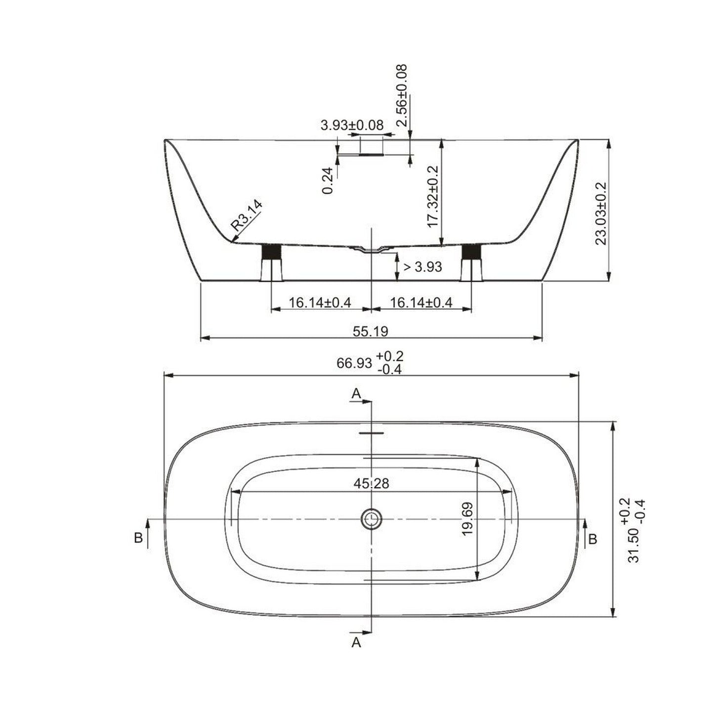 Ratel 67" x 32" Oval White Gloss Acrylic Freestanding Bathtub