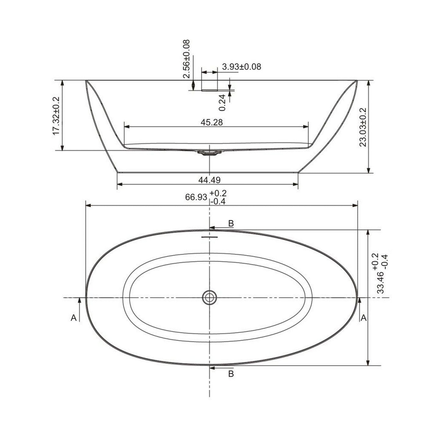 Ratel 67" x 33" Oval White Gloss Acrylic Freestanding Bathtub