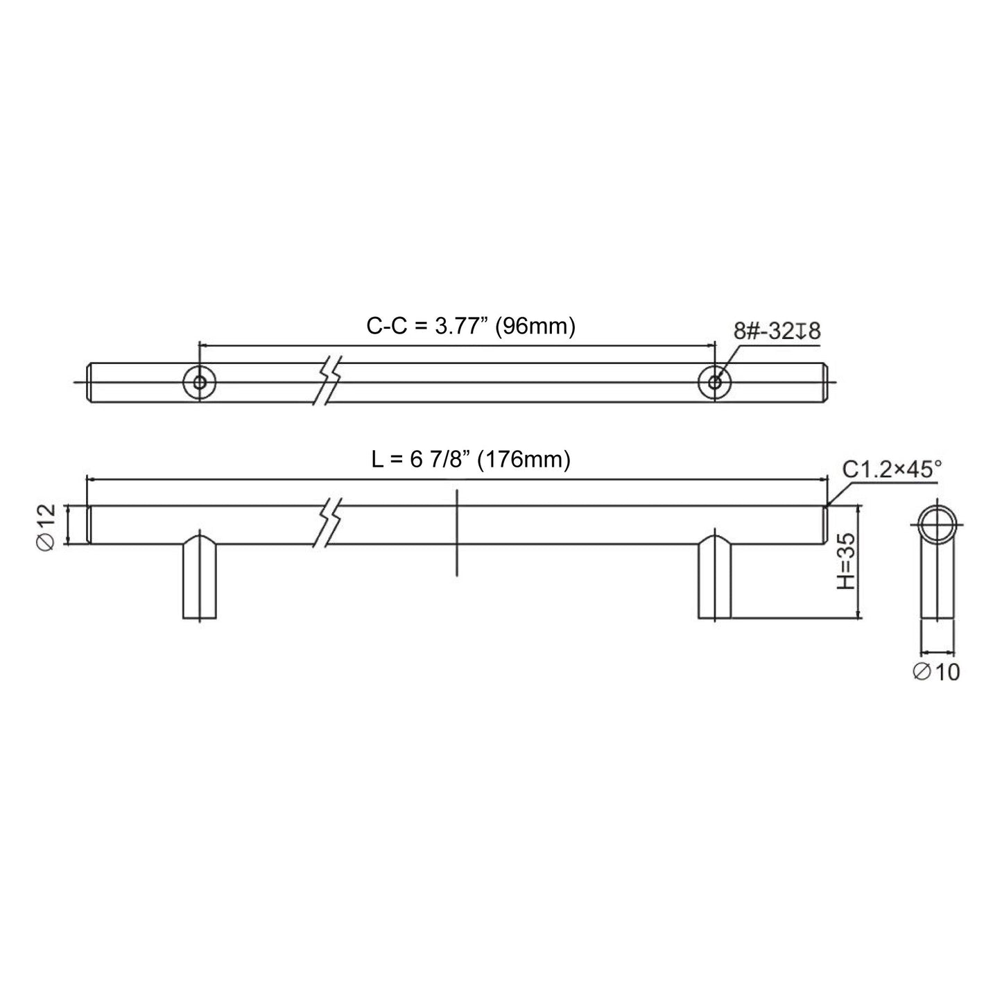 Ratel 7" Brushed Nickel Steel T-Bar Handle With 3.8" Center-to-Center Screw Holes