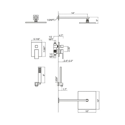 Ratel Brushed Gold Wall-Mounted Shower System With 10" Square Rainfall Shower Head and Handheld Shower