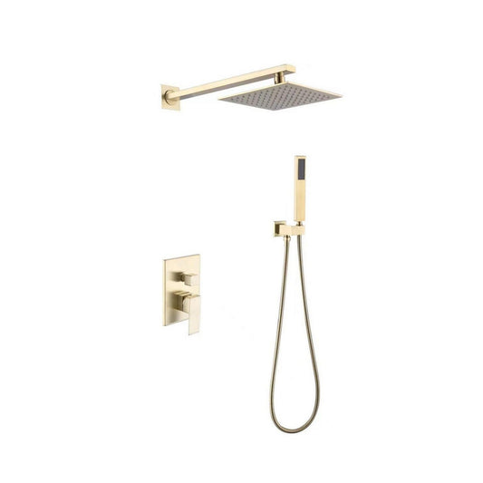 Ratel Brushed Gold Wall-Mounted Shower System With 10" Square Rainfall Shower Head and Handheld Shower