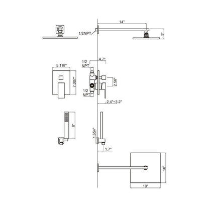 Ratel Brushed Nickel Wall-Mounted Shower System With 10" Square Rainfall Shower Head, Handheld Shower and Tub Filler Spout