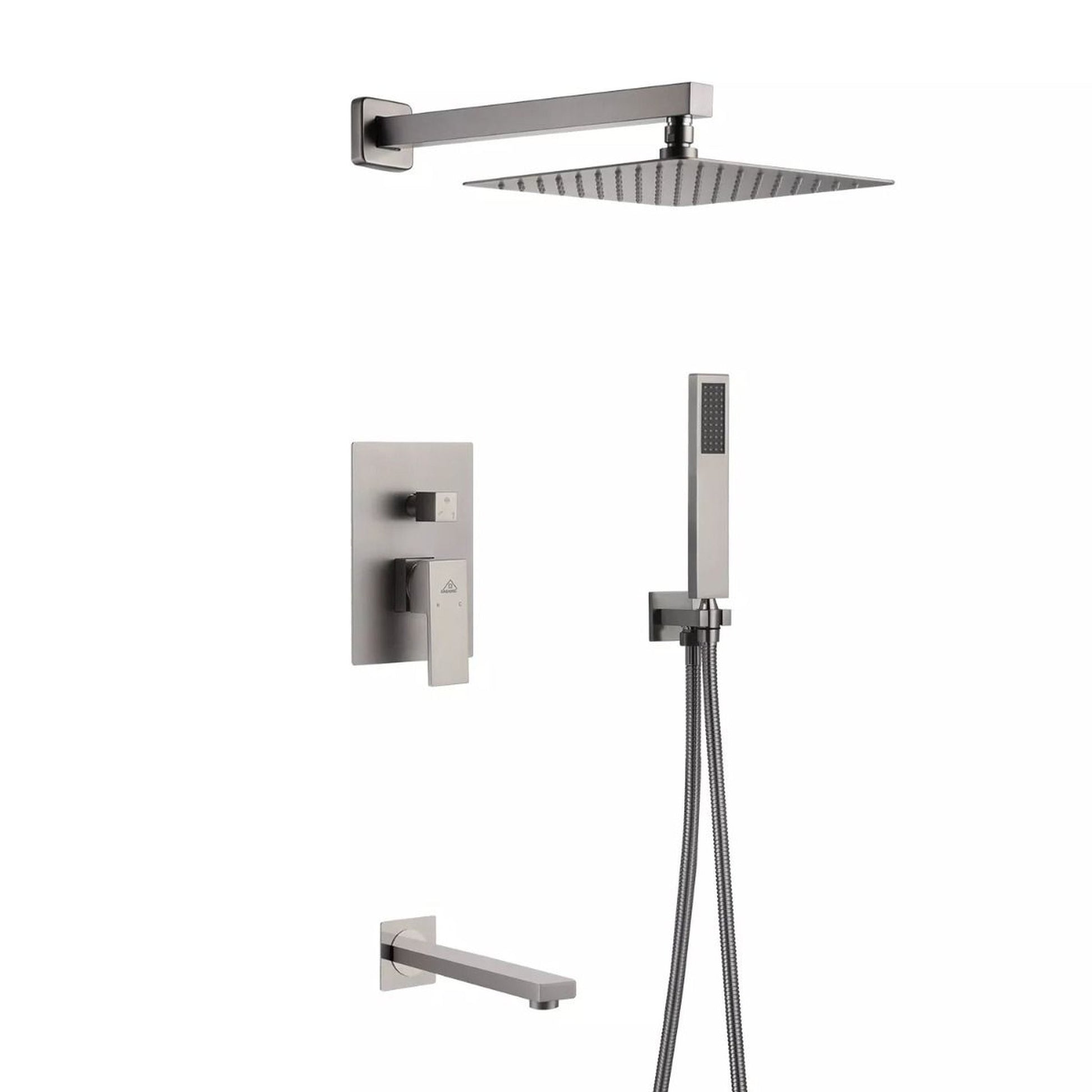 Ratel Brushed Nickel Wall-Mounted Shower System With 10" Square Rainfall Shower Head, Handheld Shower and Tub Filler Spout