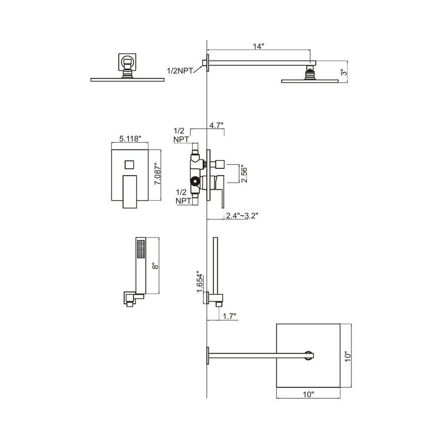 Ratel Brushed Nickel Wall-Mounted Shower System With 10" Square Rainfall Shower Head and Handheld Shower