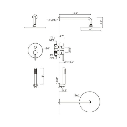 Ratel Brushed Nickel Wall-Mounted Shower System with 10" Round Rainfall Shower Head and Handheld Shower