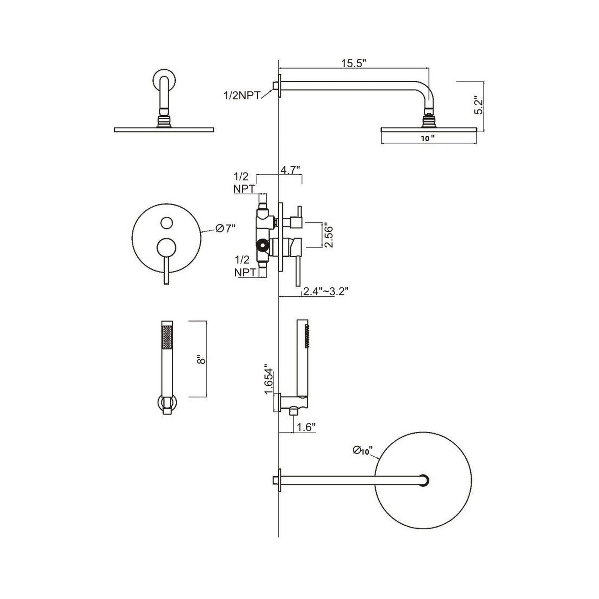 Ratel Chrome Wall-Mounted Shower System with 10" Round Rainfall Shower Head and Handheld Shower