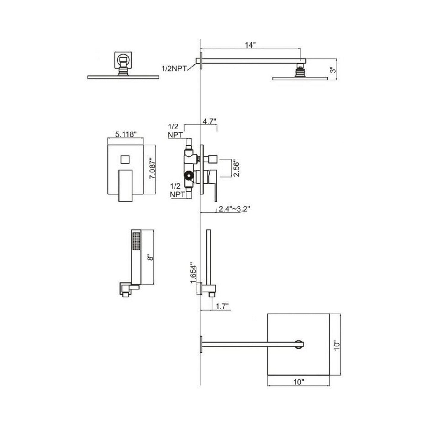 Ratel Matte Black Wall-Mounted Shower System With 10" Square Rainfall Shower Head and Handheld Shower