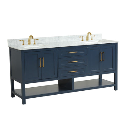 Ratel Santorini 72" 4-Door and 3-Drawer Aria Blue Double Sink Vanity Set With Open Bottom Shelf