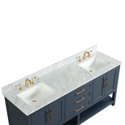 Ratel Santorini 72" 4-Door and 3-Drawer Aria Blue Double Sink Vanity Set With Open Bottom Shelf