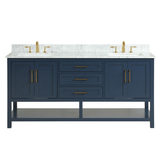 Ratel Santorini 72" 4-Door and 3-Drawer Aria Blue Double Sink Vanity Set With Open Bottom Shelf