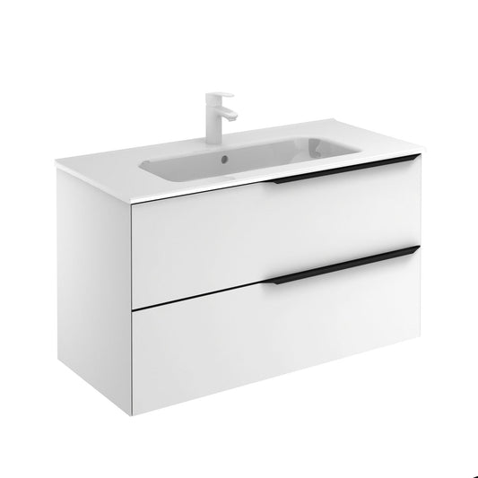 Royo Mio 40" x 18" Matt White Modern Wall-mounted Vanity With 2 Drawers and Black Handle