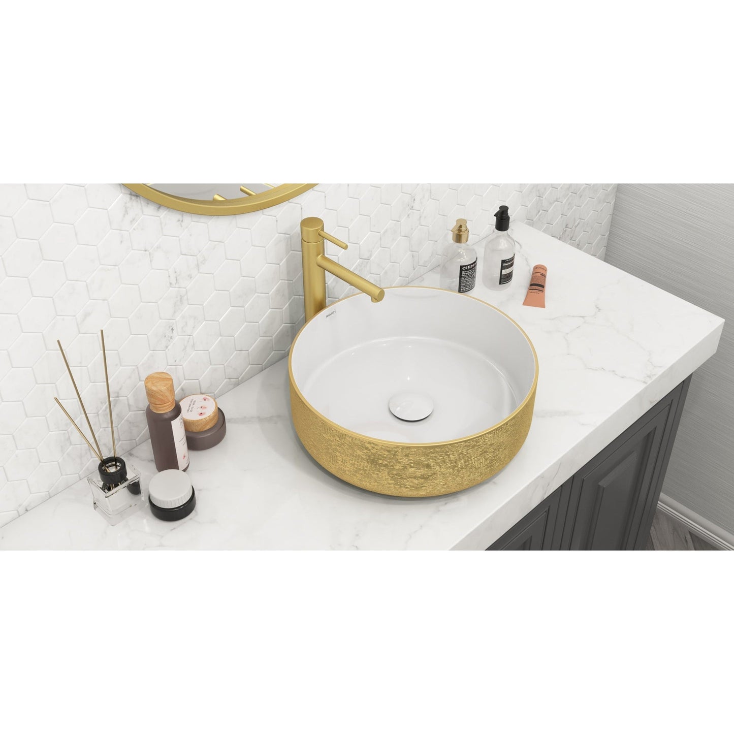 Ruvati Pietra 14" x 14" White Porcelain Ceramic Bathroom Vessel Sink With Gold Decorative Art Above Vanity Counter White Ceramic