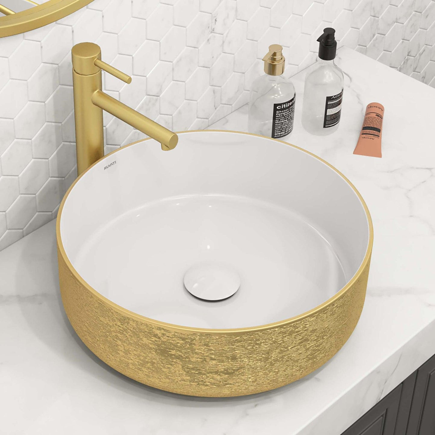 Ruvati Pietra 14" x 14" White Porcelain Ceramic Bathroom Vessel Sink With Gold Decorative Art Above Vanity Counter White Ceramic