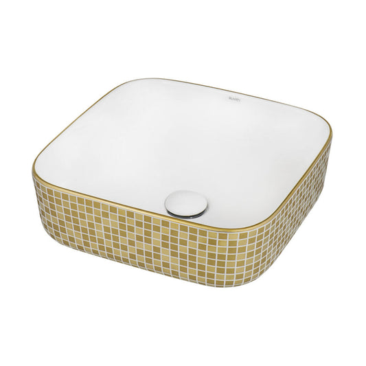 Ruvati Pietra 15" x 15" White Porcelain Ceramic with Gold Decorative Pattern Above Vanity Bathroom Vessel Sink