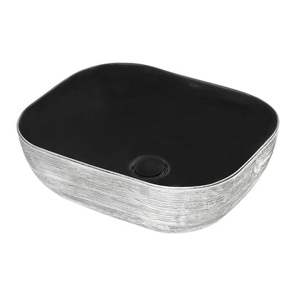 Ruvati Pietra 20" x 16" Black Porcelain Ceramic Bathroom Vessel Sink With Silver Decorative Art Above Vanity Counter White Ceramic