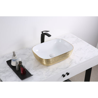 Ruvati Pietra 20" x 16" White Porcelain Ceramic Bathroom Vessel Sink With Gold Decorative Art Above Vanity Counter White Ceramic