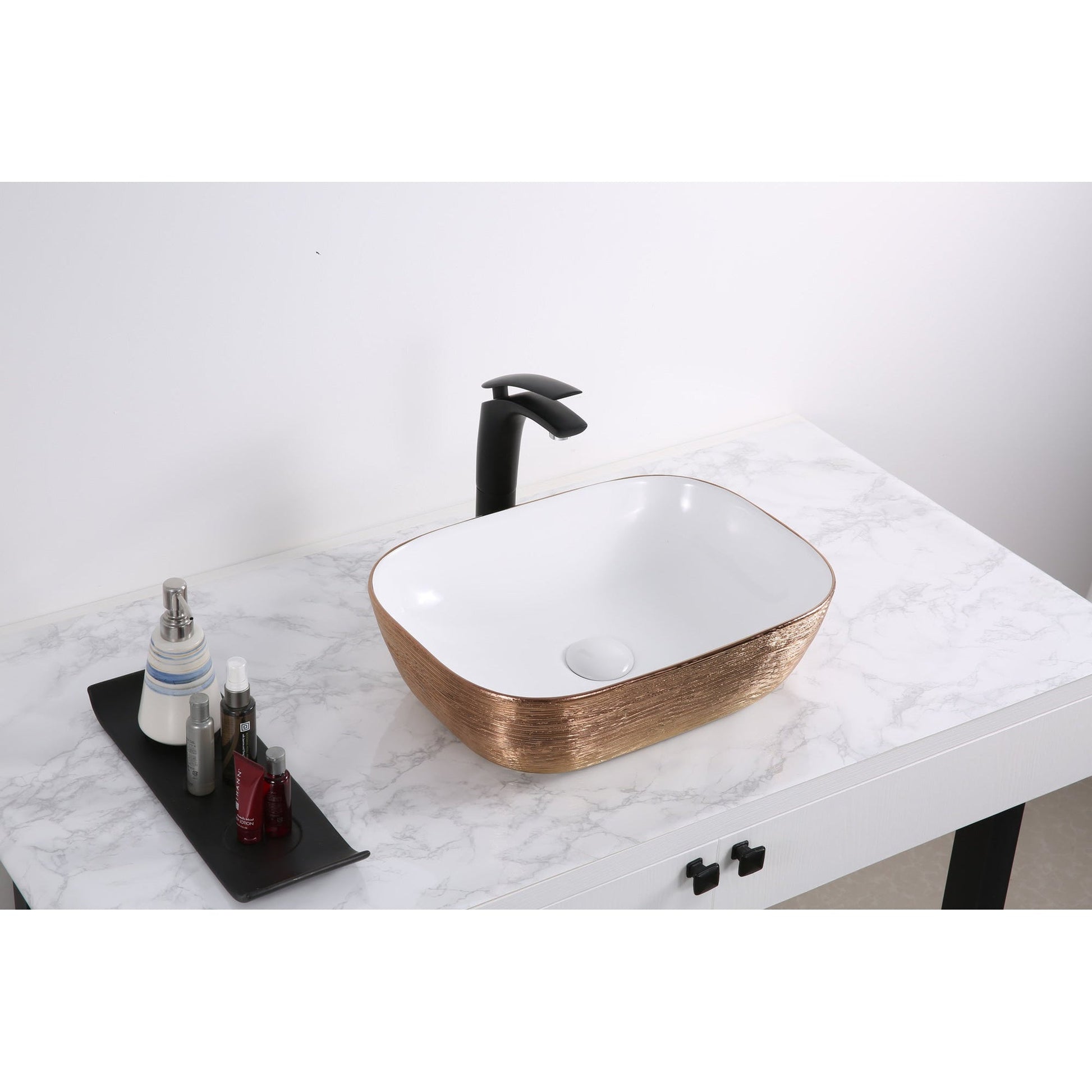 Ruvati Pietra 20" x 16" White Porcelain Ceramic Bathroom Vessel Sink With Rose Gold Decorative Art Above Vanity Counter White Ceramic